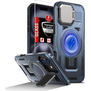For iPhone 16 Case Compatible with MagSafe Magnetic Wireless Charging,Built-in Camera Cover Kickstand,with 2 Glass Screen Protectors,Shockproof Scratch-Resistant Heavy Duty Protection Blue