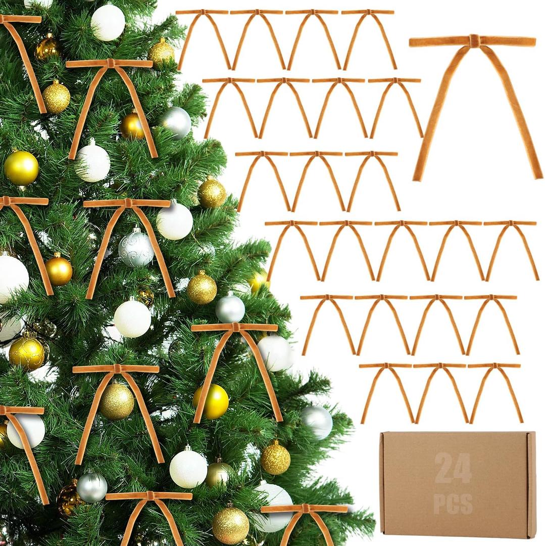 24 Pcs Velvet Christmas Tree Bows,Rustic Crafts Gift Velvet Ribbon Bows Twist Tie Bows for Xmas Wreaths Garland Gift Wrapping Wedding Decor (3/8'' Wide, 5 * 7 inch) (Khaki, Medium)