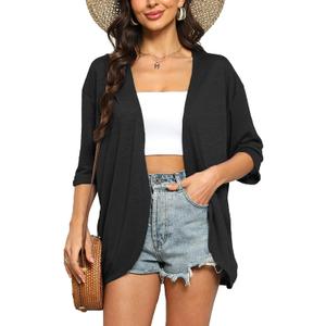 Yekaty Womens Summer Cardigan Lightweight Short Sleeve Kimono Cardigans Beach Vacation Cover up (Small, 1-black)