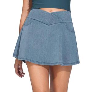 THE GYM PEOPLE Women's Jean Skorts Cross Waist Denim Skirts with Pockets | High Waist, Tummy Control, Built-In Shorts, 2 In 1 Pockets, Stretchy and Breathable, For Tennis, Golf and Daily Wear (Blue, XXL)