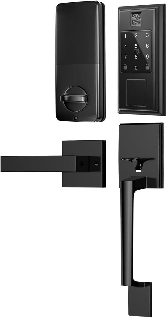 Smart Lock with Front Door Handle Set, Front Door Lock Set, Keyless Entry Door Lock, Fingerprint Electronic Keypad Deadbolt, via Bluetooth App/WiFi(Need Gateway) Control, Matte Black