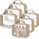 Abbylike 6 Pcs Clear Makeup Bags Bulk Tsa Approved PU Leather Toiletry Bag with Handles Quart Size PVC Clear Travel Cosmetic Case for Women Wedding Bridal DIY Gifts Bachelorette Party(Kahaki)