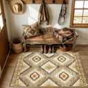 Area Rug 4x6 Rug Machine Washable Non-Slip Low Pile Print Pattern Western Rug for Living Room Bedroom Entryway Tribal Series -Cream/Camel