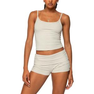 Women 2 Piece Striped Pajama Set Y2k Sleeveless Cami Tank Top and Fold Over Shorts Lounge Set Sleepwear, Size Large