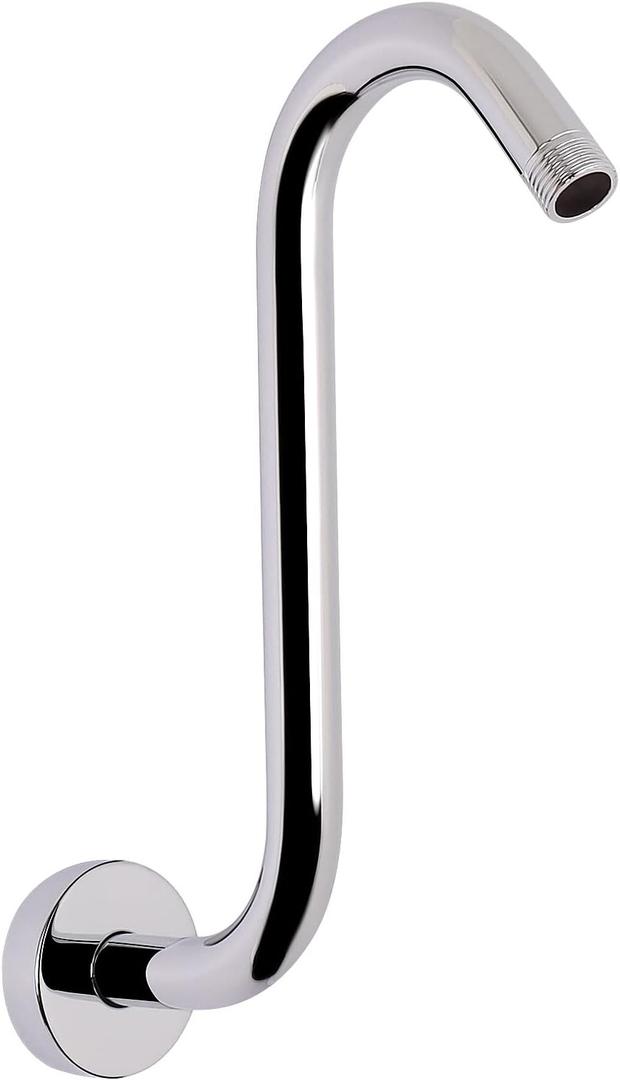 HarJue S Shaped Shower Arm, High Rise Shower Head Extension Pipe Standard 1/2" Connection with Flange, Awesome Shower Experience-Stainless Steel Bathroom Accessory(10 Inch S Shape, Chrome Finish)