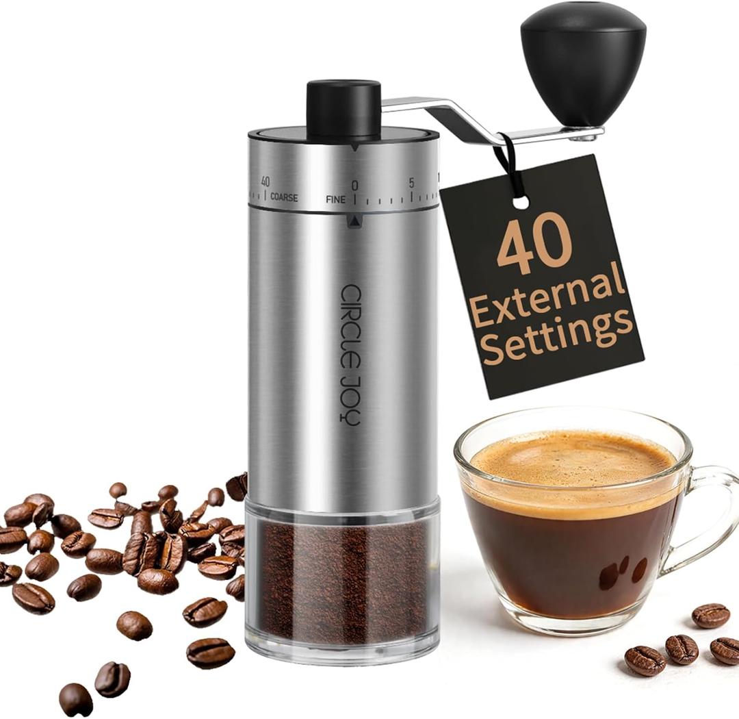 CIRCLE JOY Mini Manual Coffee Grinder with 40 External Adjustable Settings and Ceramic Conical Burr, Portable Stainless Steel Hand Coffee Grinder for Home and Travel (Silver)