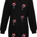 UNIQUEONE Women Dress Shirt Christmas Long Sleeve Tops Red Wine Glass Christmas Shirts V Neck Xmas Santa Hat Graphic (Black, L)