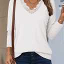 Dokotoo T Shirts for Women Casual Long Sleeve V Neck Lace Trim Tops Lightweight Solid Color Basic Tees Blouses (White, XXL)