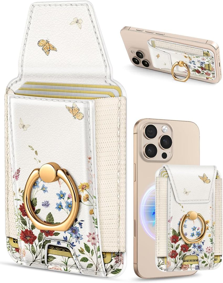 Shorogyt Compatible with Magsafe Wallet with Grip Magnetic Card Holder - Cute Phone Wallets with Ring Stand for iPhone 17/16/15/14/13/12 Series for Women Girls Retro Bouquet Design, Fit 7 Cards