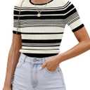 ZESICA Women's Short Sleeve Crewneck Striped T Shirt 2025 Summer Ribbed Knit Slim Fit Casual Basic Tee Tops (Ivory)