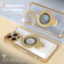 Magnetic case for iPhone 16 with Full Camera Lens Protection(Compatible with MagSafe),Military Shockproof Slim Electroplate Bumper Clear Cover Built-in Invisible Ring Stand,Gold
