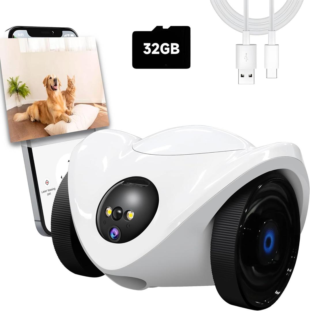 Pet Camera Treat Dispenser, Movable Pet Robot Cam with Phone App, 1080P Indoor Security Camera for Dog/Cat/Home Monitoring+32G SD Card, 2-Way Talk, Night Vision, Motion Detection (2.4GHz WIFI Only)