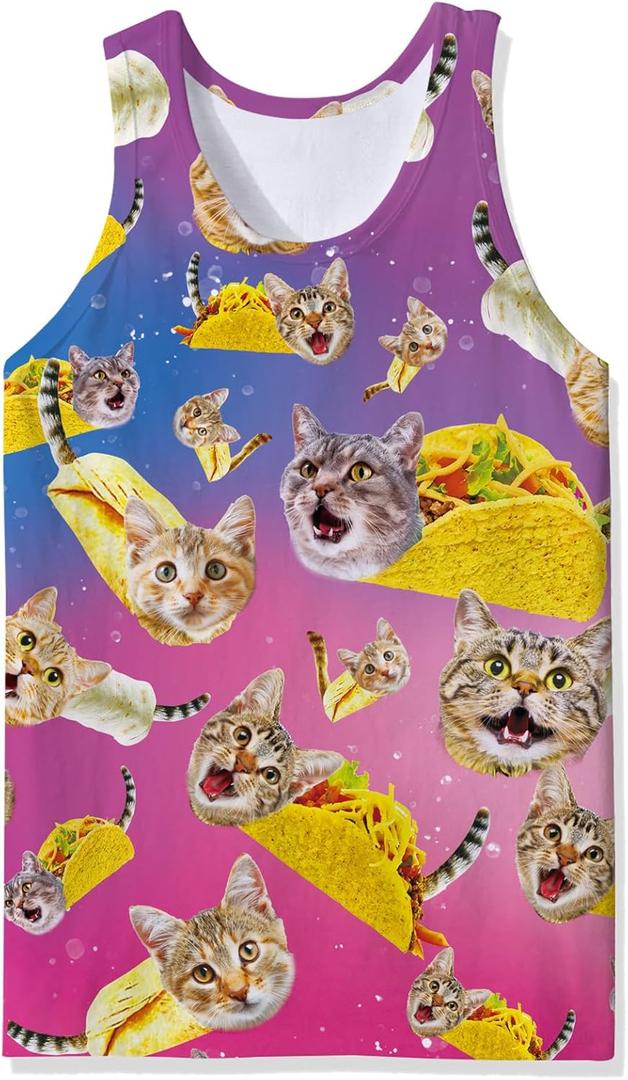 Goodstoworld Mens 3D Tank Top Novelty Graphic Breathable Quick Dry Sleeveless Beach Shirt XL (Pink Cat)