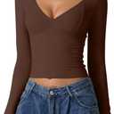 QINSEN Women's Long Sleeve V Neck T Shirts Double Lined Crop Top Seamed Cup Going Out Tops (Small, Coffee Bean)