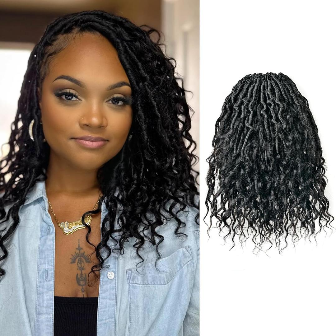 ToyoTress Boho Crochet Locs With Human Hair Curls - 12 Inch 8 Packs Natural Black Handmade Pre-Looped Crochet Hair For Black Women Human Hair, BohoBraids Butterfly Faux Locs (12 Inch, 1B-8P)