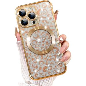 Fiyart Designed for iPhone 13 Pro Case,Compatible with MagSafe Cheetah Print Plating Camera Protection Magnetic Clear Glitter Leopard Print Shockproof Phone Bumper for Women Girls 6.1"-Gold