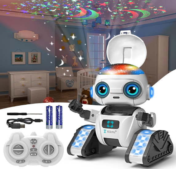 Aikmi Robot Toys for Kids 57, Rechargeable Remote Control Robot with Projector Night Light for Kids, Gesture Sensor, Music, Toys for 6 Year Old Boys Girls Birthday Present Boy Toy (White)