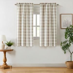 Beige White Buffalo Plaid Semi Sheer Curtains 72 Inch,Tan Farmhouse Gingham Checkered Drapes,Textured Light Filtering Window Treatment for Bedroom Living Room,Rod Pocket,40" Wx72 Lx2