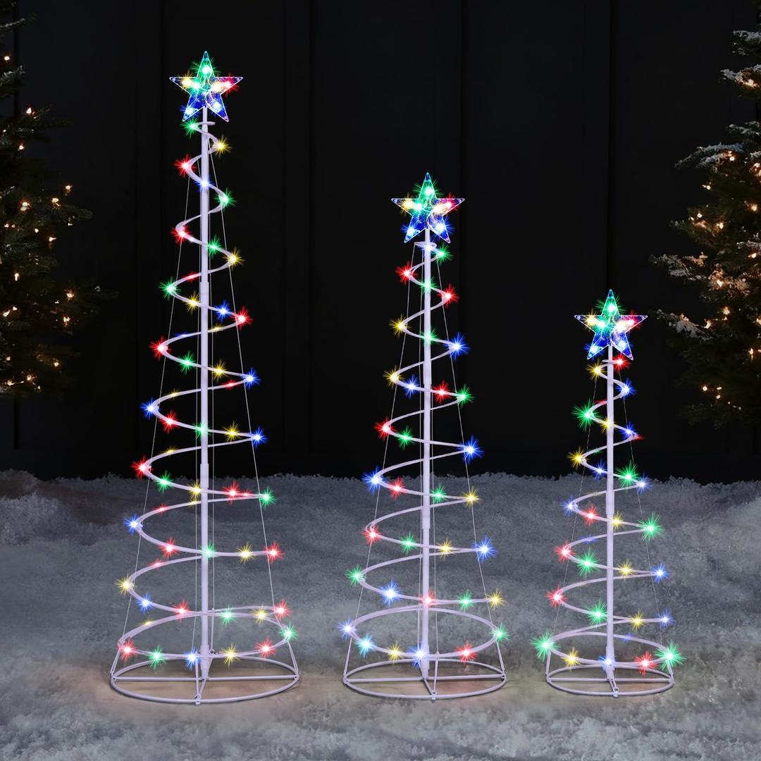 JOIEDOMI 3 Pack Spiral Christmas Tree Lights, 218 LED Outdoor Lighted Tree with Star Topper & Stakes, Christmas Decorations for Yard Porch Patio Garden Holiday Xmas Eve Night Dcor, Multicolor