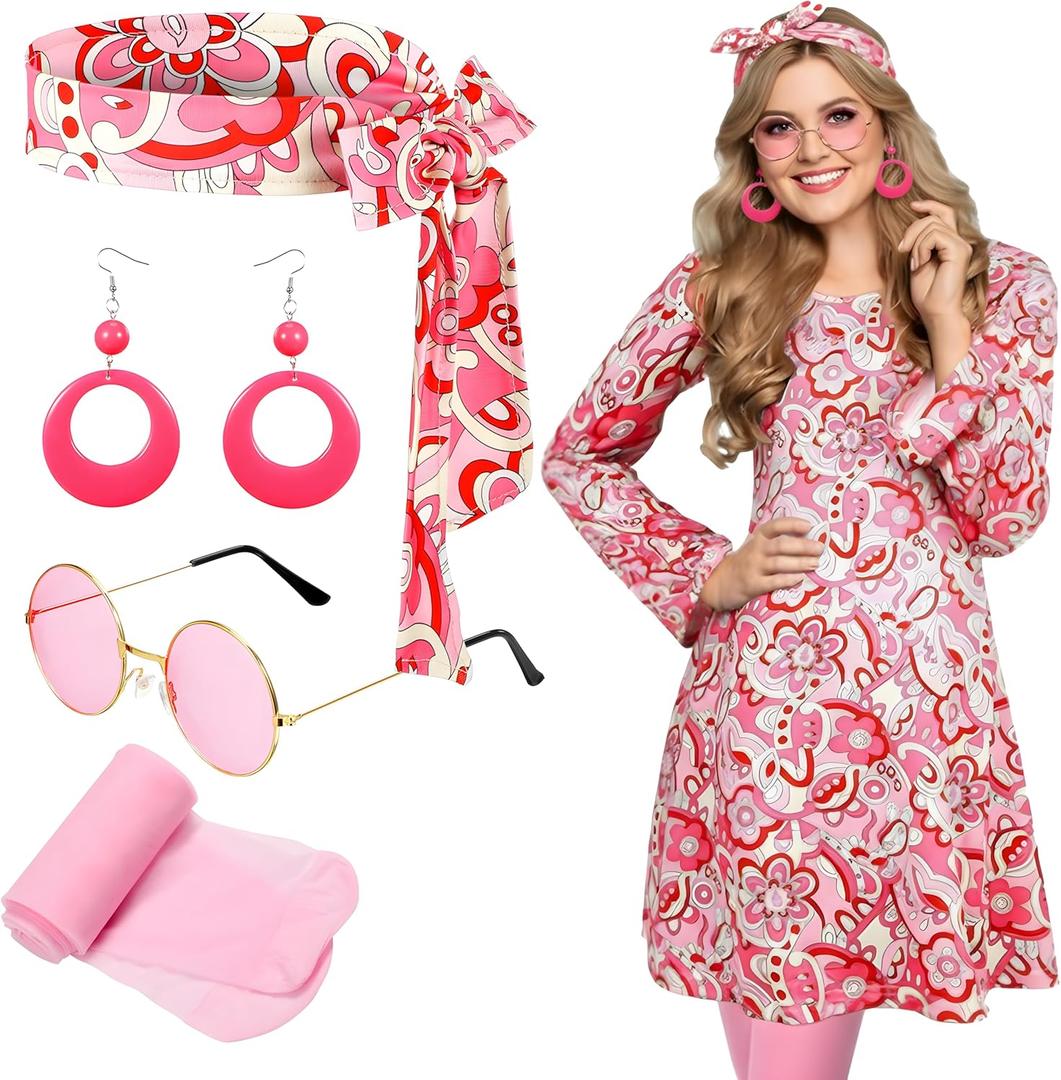 Janmercy 5 Pcs 70s Disco Outfit for Women Hippie Costumes Accessories 70s 80s Halloween Decades Party Cosplay