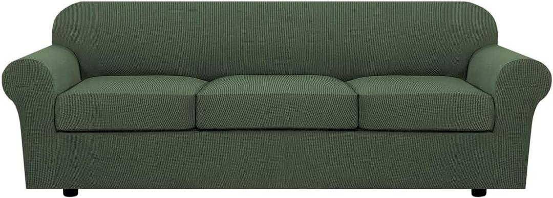 H.VERSAILTEX 4 Piece Stretch Sofa Covers for 3 Cushion Couch Covers for Living Room Furniture Slipcovers (Base Cover Plus 3 Seat Cushion Covers) Thicker Jacquard Fabric (Large Sofa, Bronze Green)