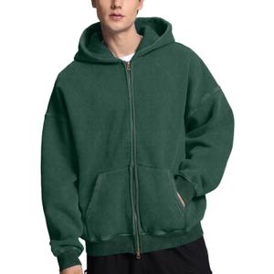 FAIABLE Mens Womens Double Zip Up Hoodie Oversized Acid Wash Hoodie Heavyweight Fleece Cotton Zipper Sweatshirt Vintage (Medium, Dark Green)