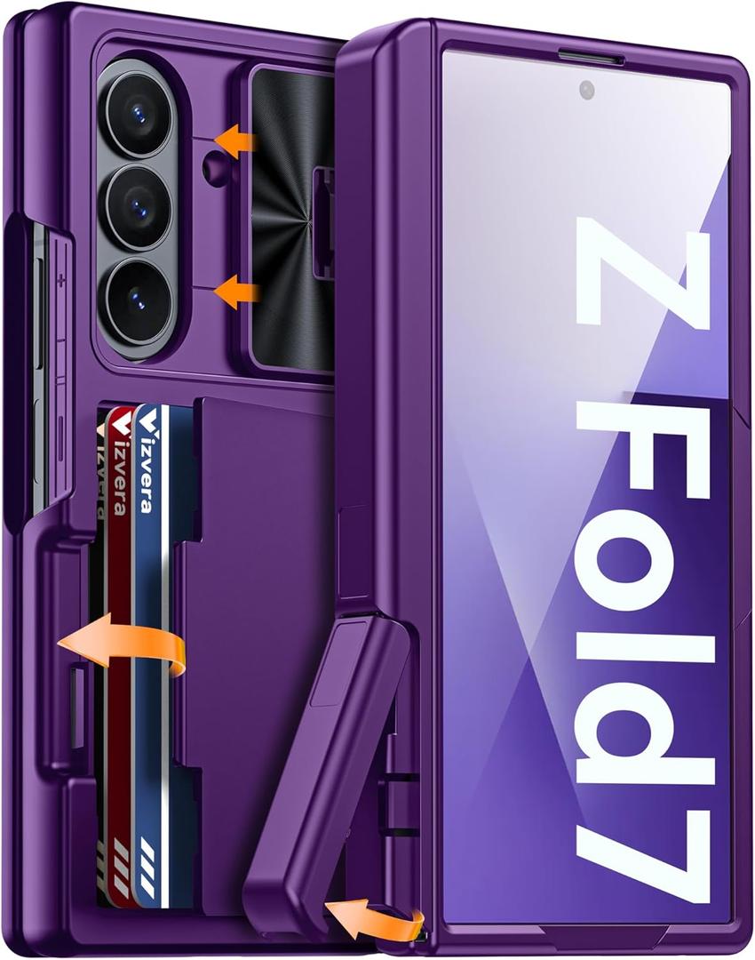 Vizvera for Samsung Galaxy Z Fold 7 Case RFID Wallet with Cards Holder[Kickstand][Camera Cover] Shockproof Silicone Protective Phone Case for Z Fold 7 2025-Purple