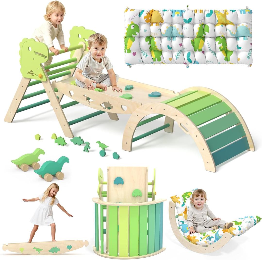 Pikler Triangle Set with Cushion 9 in 1 Climbing Toys for Toddlers 1-3 Indoor Baby Climbing Gym Toddler Montessori Toys Wooden Toy with Maze Toy, Shape Sorter, Dinosaur Car (Green)