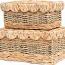 2PCS Wicker Storage Baskets with Lids Natural Handmade Scalloped Rattan Box Decorative Boho Removable Tray Lid Handles Water Hyacinth Seagrass Paper Rope Woven Bins (1 Medium 1 Small)