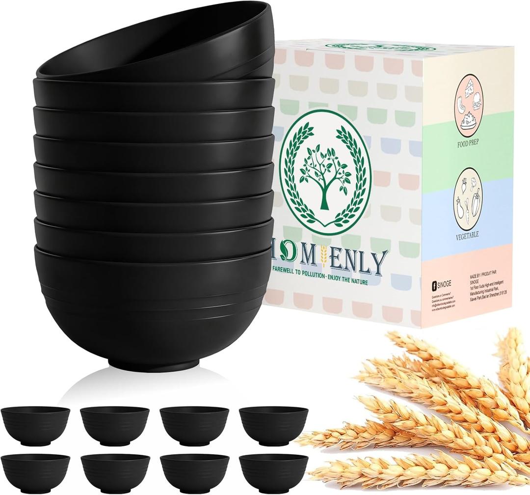 Homienly Cereal Bowl Set, Wheat Straw Bowls for Kitchen, Unbreakable Lightweight Bowl Set of 8, Microwave and Dishwasher Safe Bowls, Reusable Bowl for Serving, Cereal, Snack,Fruit(Black, 26 OZ)