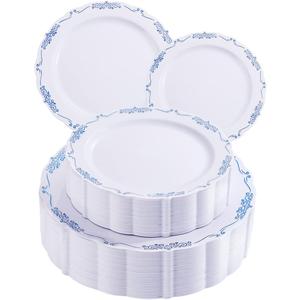 DaYammi 60PCS Blue and White Plastic Plates Blue Rim White Disposable Plates Blue White Party plates Include:30 Plastic Dinner Plate 30 Dessert plate and Wedding & Party Dining