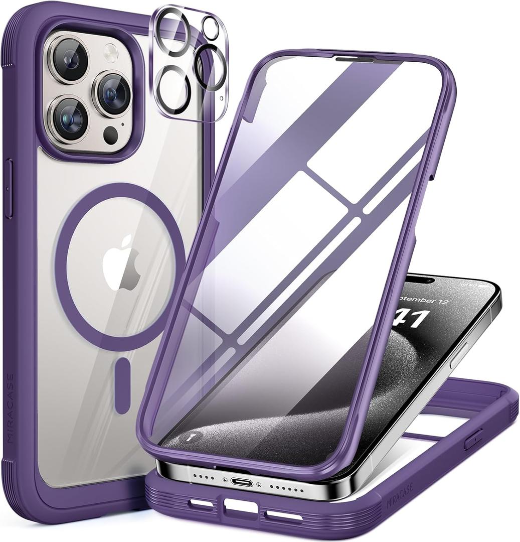 Miracase Magnetic for iPhone 15 Pro Max Case 6.7'' [Compatible with Magsafe] Full-Body Drop Proof Phone Case for iPhone 15 ProMax with Built-in 9H Tempered Glass Screen Protector,Magnetic Purple