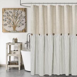 Farmhouse Shower Curtain,Beige and Gray Stripe,Button Curtain,Linen and Cotton Woven Fabric,Rustic Charm Country Chic Style,72x72 in