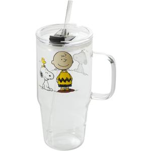 Peanuts Snoopy Glass Cups with Lids and Straws - 40 Oz Tumbler with Handle and Straw Glass Water Bottles Drinking Glasses with Straws Iced Coffee Cups Travel Coffee Mug Smoothie Tumbler