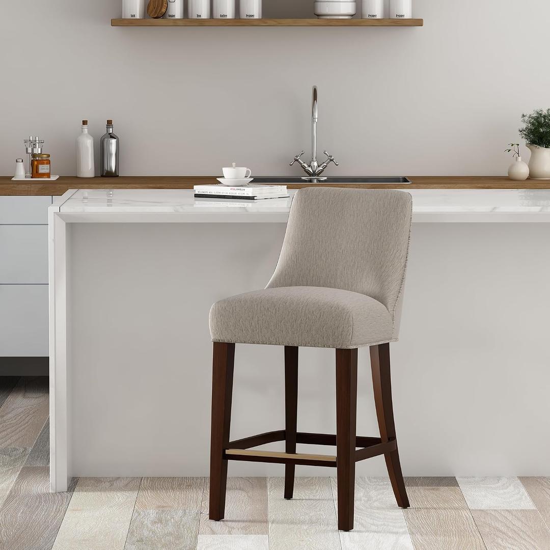 Manhattan Comfort Beever Modern Counter Height Stools with Back – Chenille Upholstered Kitchen Chairs with Rubberwood Frame, Gold Footrest – Tall Seating for Island or Bar – 27.4" High, Taupe