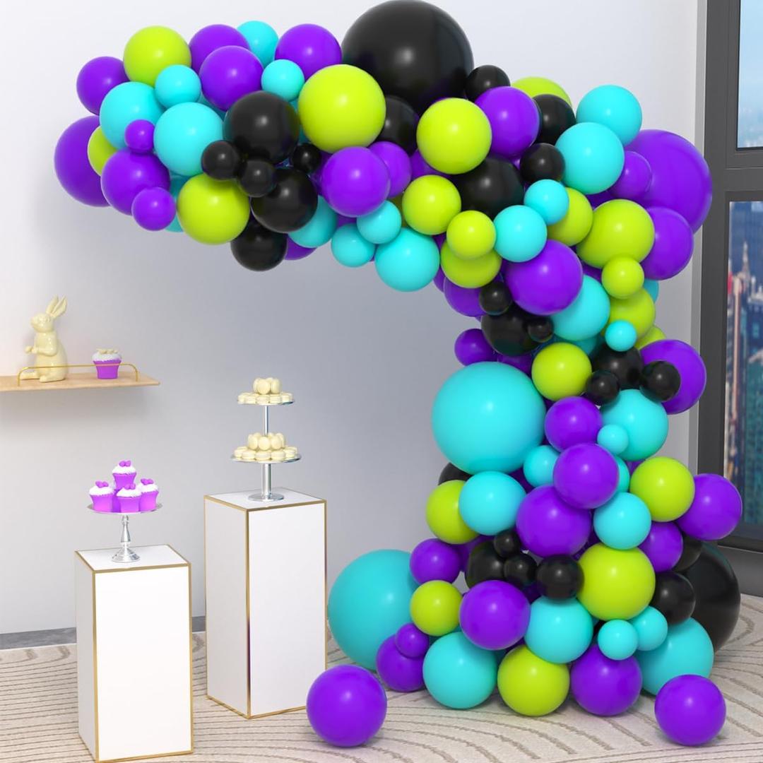 Lime Green Purple Black Balloon Garland Arch Kit - Blue Green Purple Balloons Lime Green Black Balloons Video Game Balloons for Video Game Miner Birthday Wedding Graduation Party Decorations