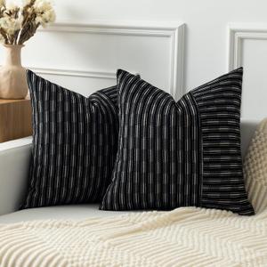Kevin Textile Ink Black and Beige Patchwork Farmhouse Throw Pillow Covers 18 x 18 Inch, Pack of 2 Striped Linen Decorative Pillow Case for Sofa Couch Chair Bedroom Modern Decor (18" x 18" (Pack of 2))