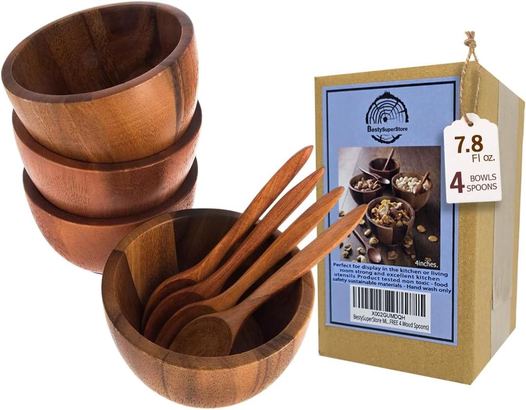 Set of 4 Small Round Acacia Wooden Bowls 4 Inch Diameter With Spoons - Stackable Mixing Bowl for Salad Soup Snack Salsa Dip Sauce Charcuterie Wood Tableware Sets for Decor and Serving