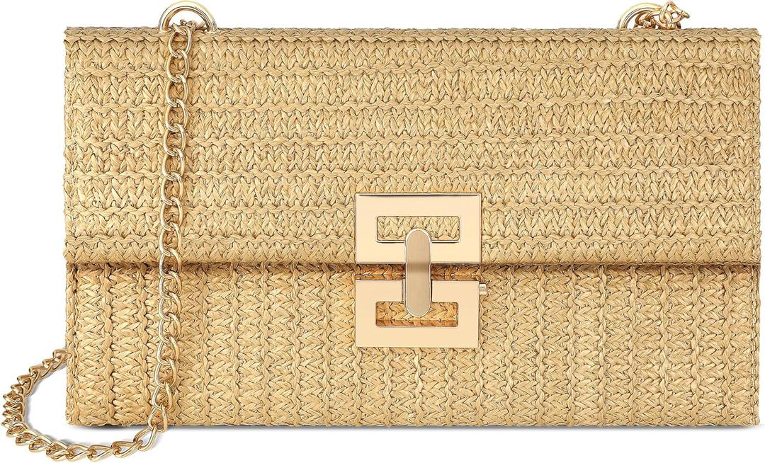 Straw Purse - Beach Bags for Women Summer, Woven Clutch Purses for Women Crossbody Shoulder Handbag (Solid Color)