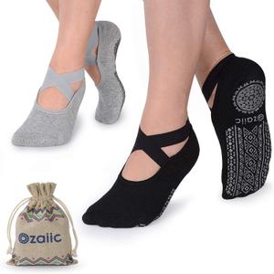 Yoga Socks for Women Non-Slip Grips & Straps, Ideal for Pilates, Pure Barre, Ballet, Dance, Barefoot Workout (2 Pairs- Black/ Gray, one_size)