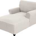 Fitted Chaise Lounge Couch Covers - Double Arm, Stretch Chair Slip Cover - Washable Furniture Protector (White, Small Checks)