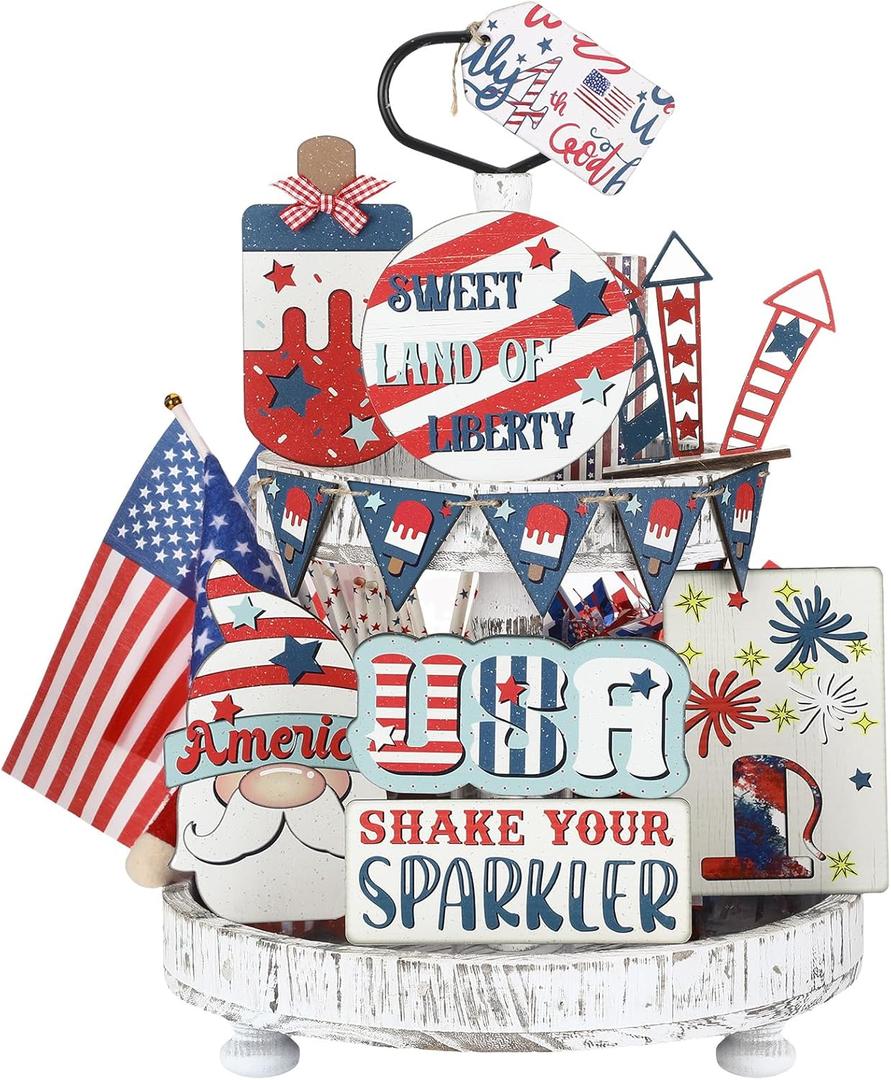 Weysat 4th of July Memorial Day Tiered Tray Decor Wooden Patriotic Decorations Independence Daytiered Tray Decor Red Blue White Wood Sign Letter Sign for Home Table(Cute)