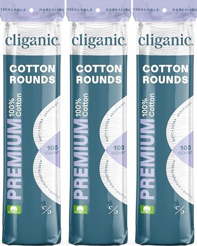 Cliganic Premium Cotton Rounds for Face (300 Count) - Makeup Remover Pads, Hypoallergenic, Lint-Free | 100% Pure Cotton
