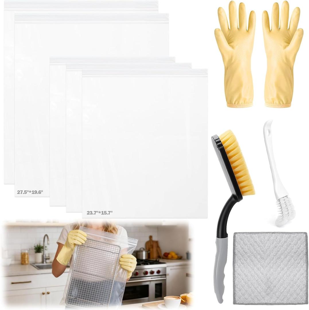 XANGNIER 9 Pack Oven Rack Cleaning Bags Kit with Brush,No Cleaner Included,Simple to Use,No Messy Hands Reusable Leakproof Soaking Cleaner Bags for Removable Metal Rack,BBQ Grills,Grill Grate