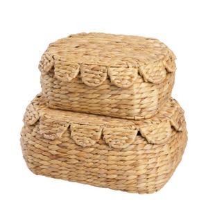 Set of 2 Wicker Storage Baskets with Lid, Rattan Basket Decorative Boxes, Woven Storage Box Hyacinth Basket with Lids, Small Scalloped Edge Wicker Baskets with Lids
