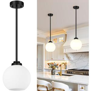 2 Pack 7.2-Inch Globe Pendant Lights, Mid Century Matte Black Pendant Light Fixtures, Globe Pendant Lights Kitchen Island with Milk Glass Shade Hanging Fixture for Dining Room Bulbs not Included