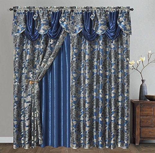 GOHD Royal ROSARIUM. Clipped Voile.Farmhouse Jacquard Window Curtain with Attached Fancy Valance and Taffeta Backing. 2pcs Set.Each pc 54 inch Wide x 84 inch Drop + 18 inch Valance. (Nightsky Blue)