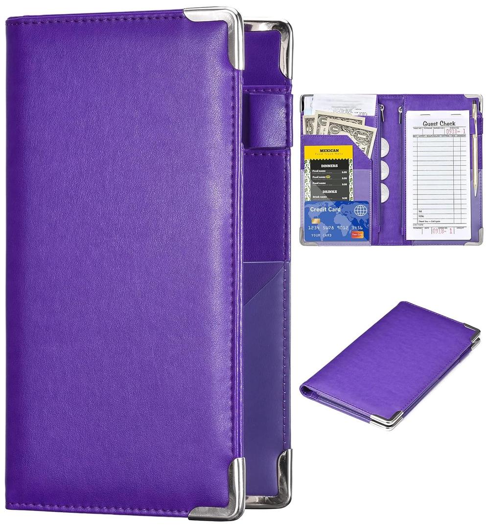 Server Books for Waitress - 5x9 Waiter Book Server Wallet with Zipper Pocket, Cute Waitress Book&Waitstaff Organizer with Money Pocket Fit Server Apron (Purple)