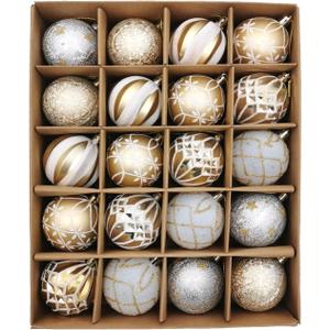 Christmas Ball Ornaments Set, 20ct 60mm Elegant White and Gold Assorted Christmas Tree Decorations, Shatterproof Christmas Tree Hanging Ornaments for Xmas Decoration