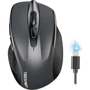 TECKNET Wireless Mouse (BT5.0/3.0 & 2.4G) Rechargeable 4800 DPI Silent USB A & Bluetooth Mouse 6 Buttons, Wide Compatibility - Grey